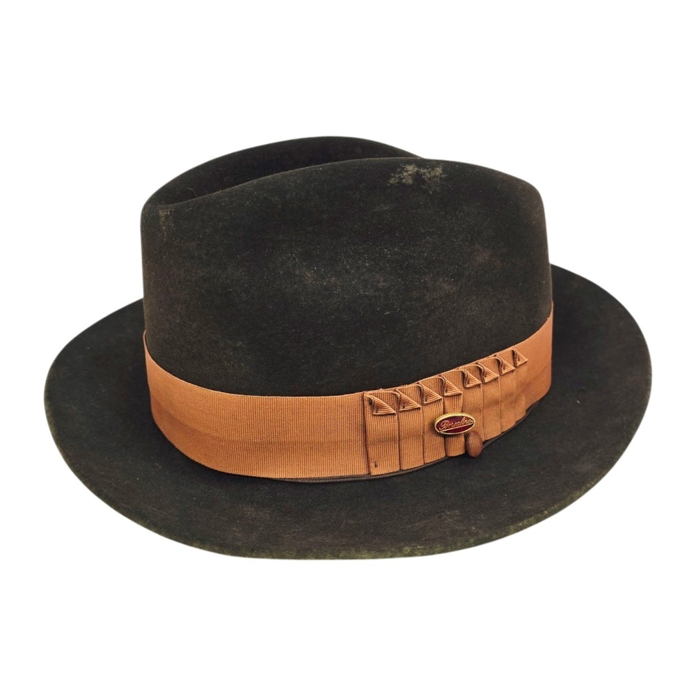 Vintage Borsalino Fedora‎ 7 1/8 Dark Brown Felt Hat Italy Leather Pleated Band